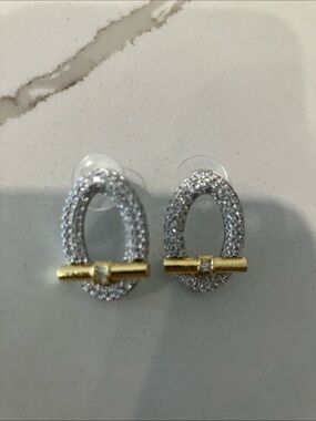 Oval Crystal Pavé Drop Earrings with Gold Bar Accent - Silver/Gold